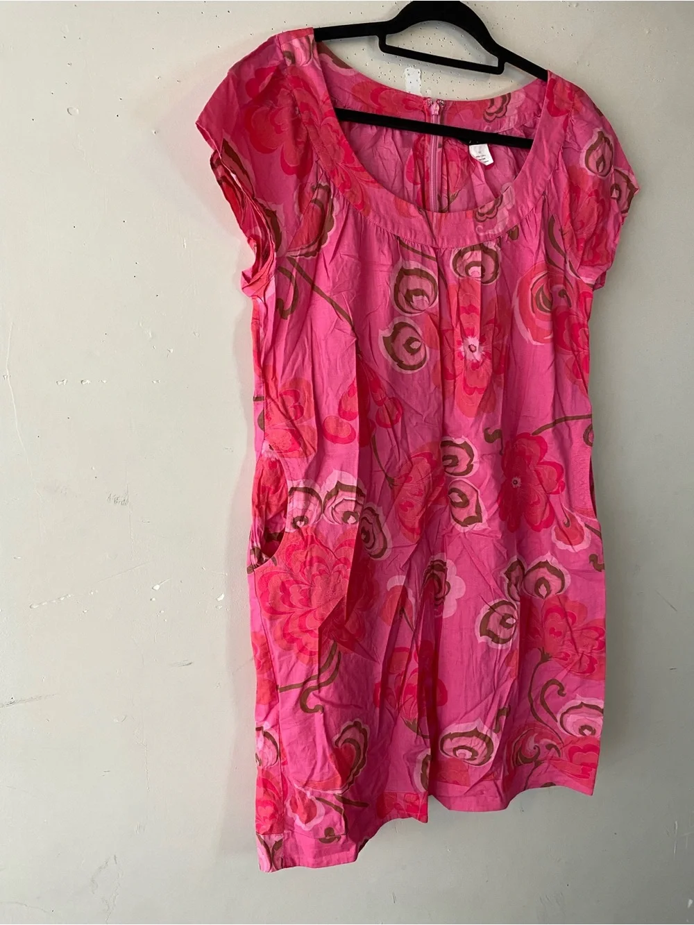 J.Crew Retro Mod Floral Shift Dress 12 Pink Cotton Pockets Scoop Neck Tunic Mini